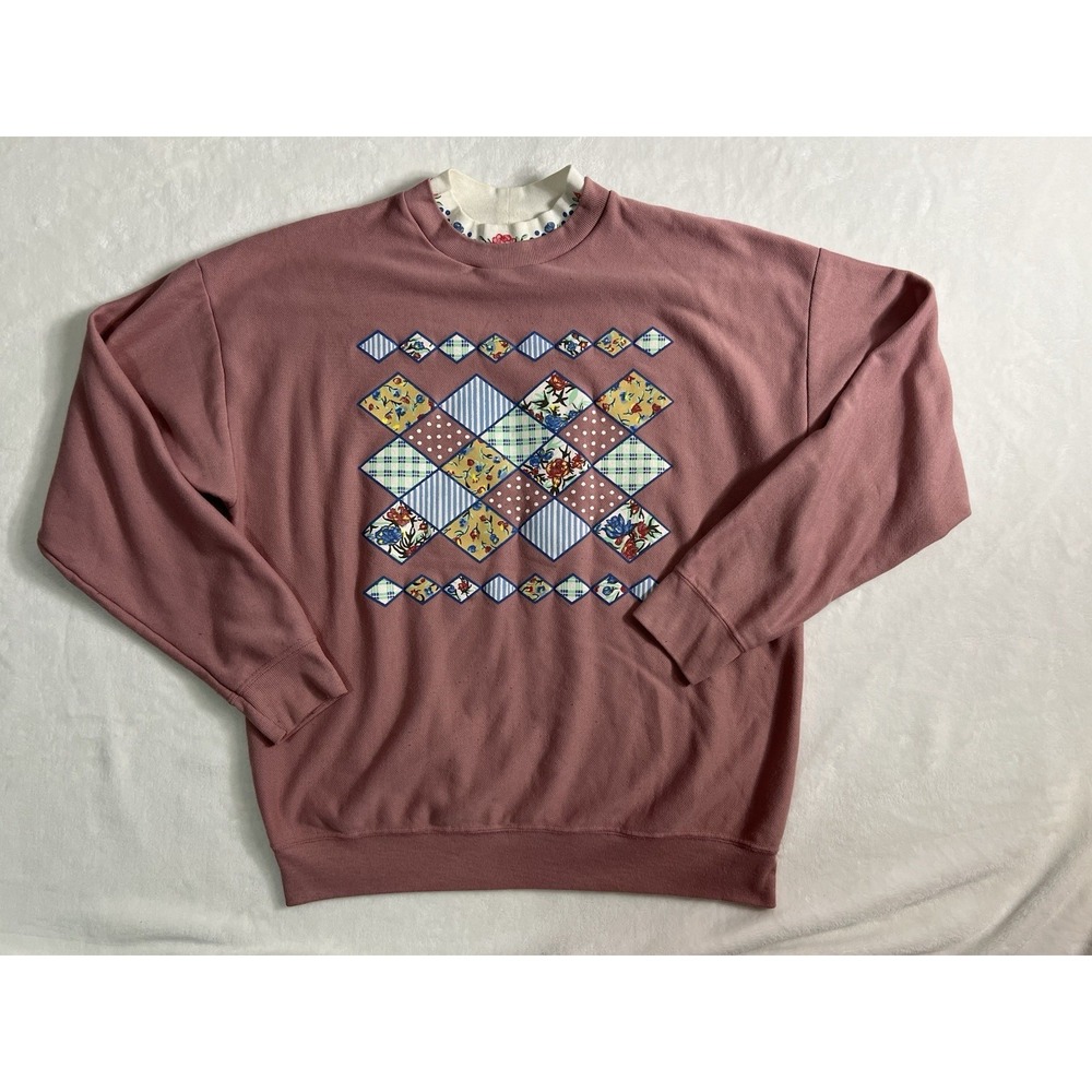 Blair Mauve Floral Geometric Sweater Women's XL Crew Neck Long Sleeve